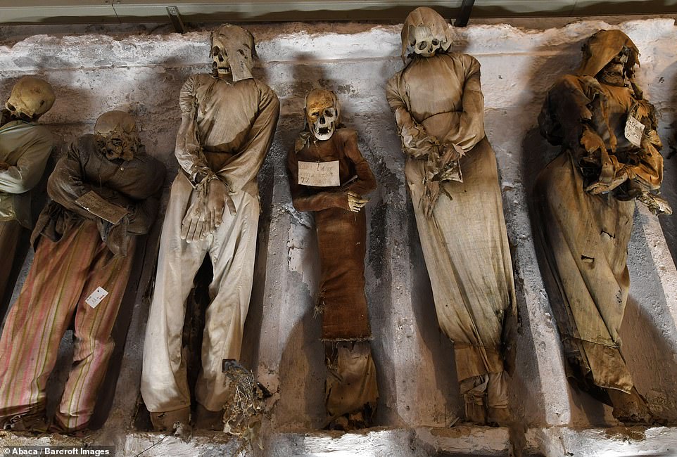 The cemetary was officially closed by civil order in 1880. Pictured above are six different mummies, the skulls are all visible and one on the left hand side can be seen wearing striped trousers