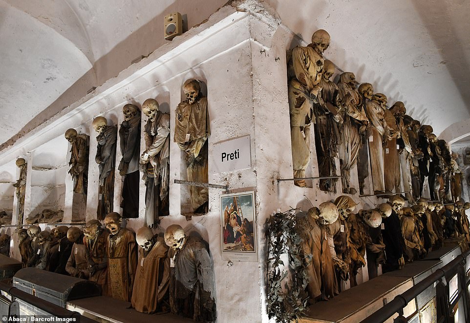 Lines of corpses decorate the walls in the tombs. Palermo's Capuchin monastery outgrew its original cemetery in the 16th century