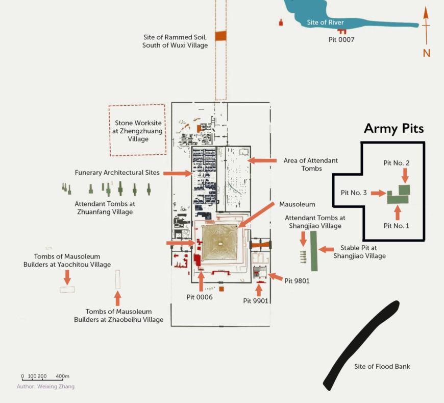 Plan of the tomb complex, Mausoleum of Emperor Qin Shi Huangdi (diagram Weixing Zhang; modified by Alexandra Nach). The pyramid-shaped tumulus and the Army Pits, currently the site of the Museum of the Tomb of the First Emperor, are 1.22 km/0.75 miles away from each other.